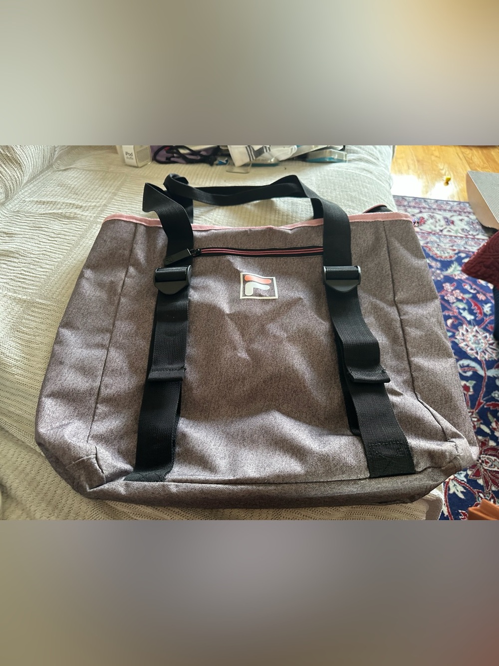 Fila Grey/PinkTote Bag with Black Straps for yoga mat- like new